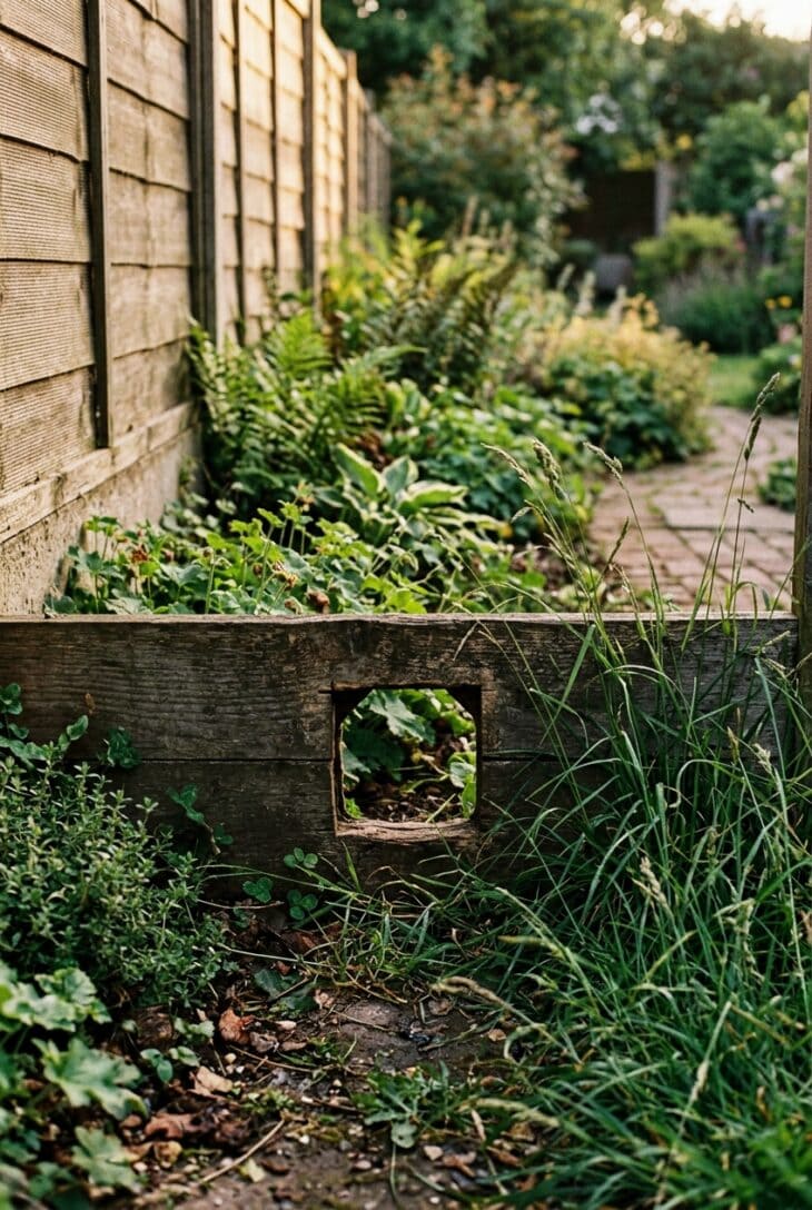 Small square hole cut through the base of a fence with long grass either side