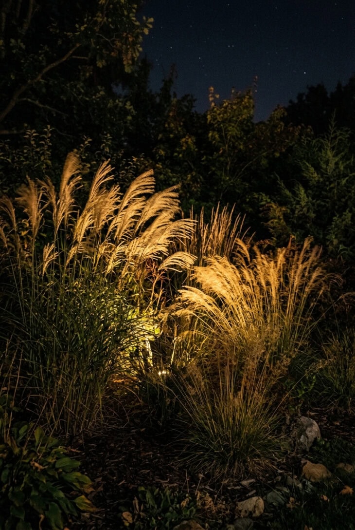 Tall ornamental grasses backlit at night with glowing seed heads