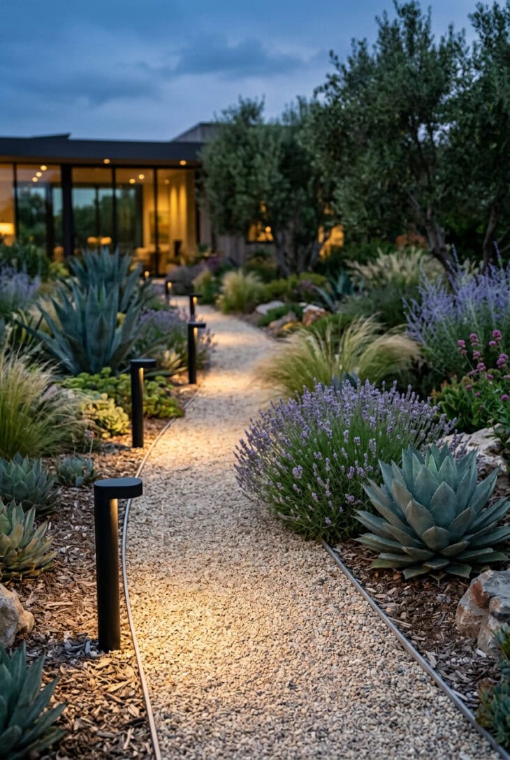 Short black bollard lights in a gravel garden with drought-tolerant planting