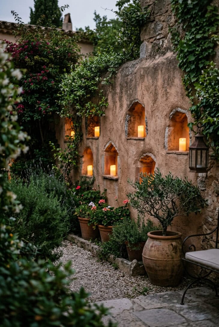Warm candle niches built into a textured garden wall at night