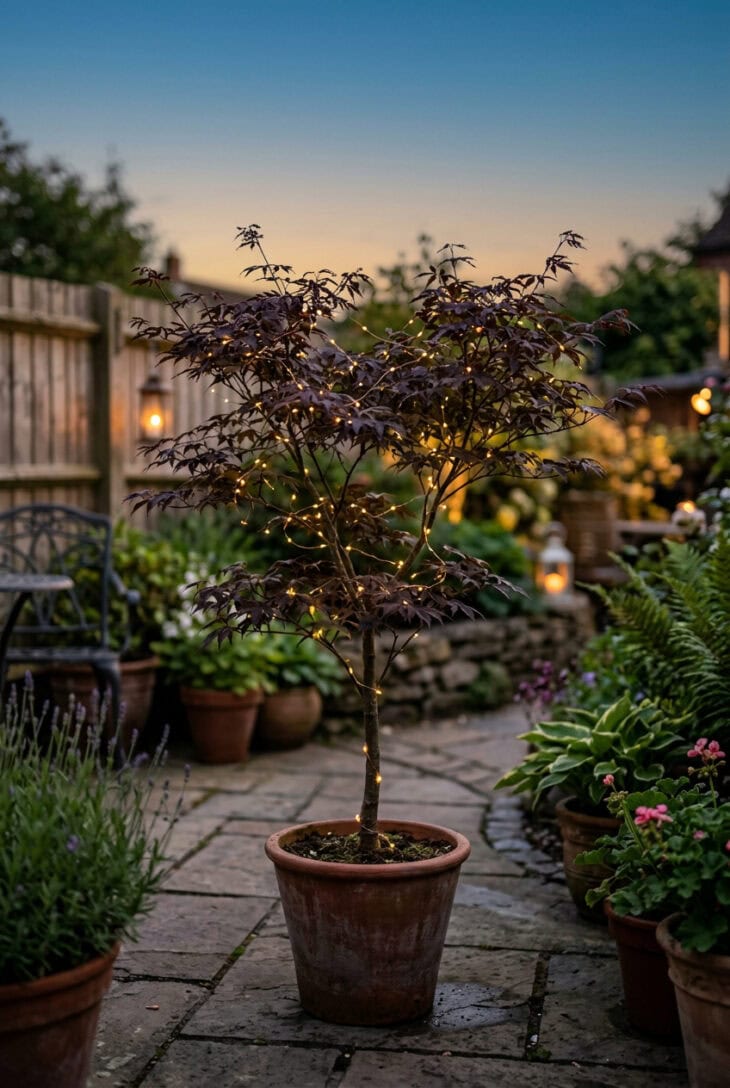 Tiny warm fairy lights woven through a small ornamental tree at dusk