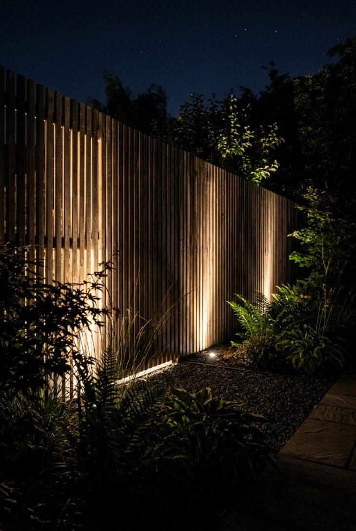 Hidden lights casting striped shadows up a slatted garden fence