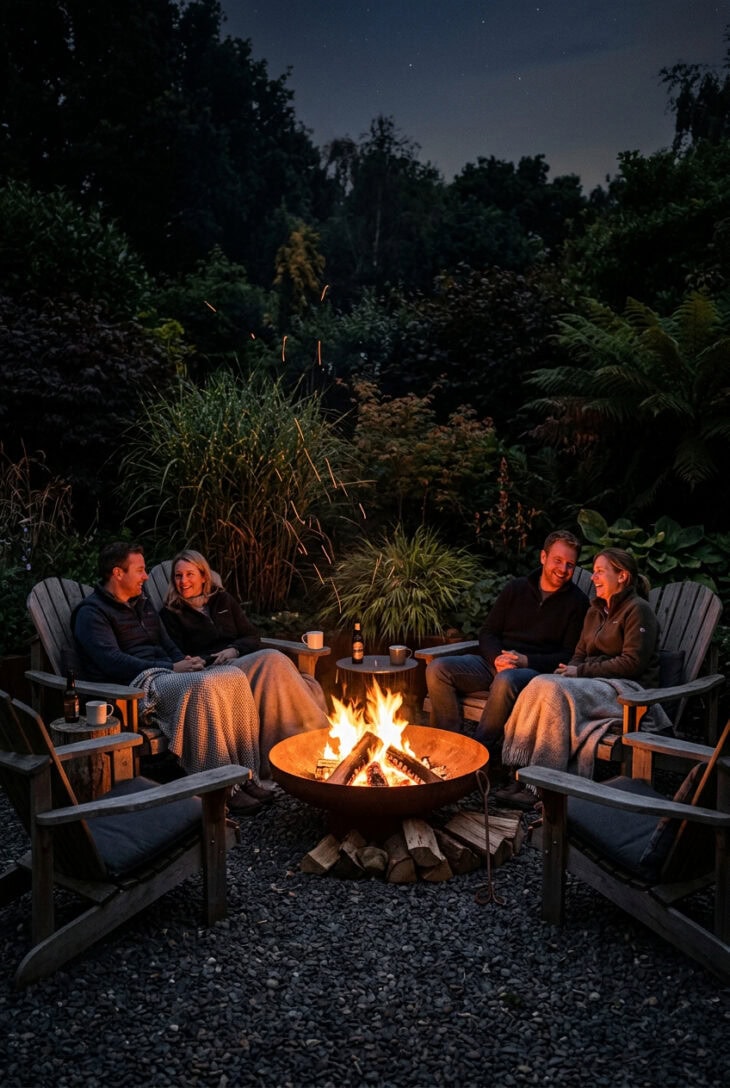 Fire bowl glowing on a gravel garden seating area at night