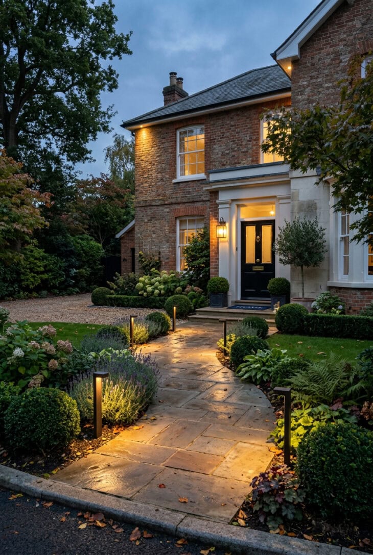 Warm bollard lights guiding a front garden path to the door at dusk