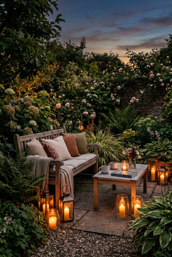 Warm lanterns gathered around a garden bench seating area at dusk