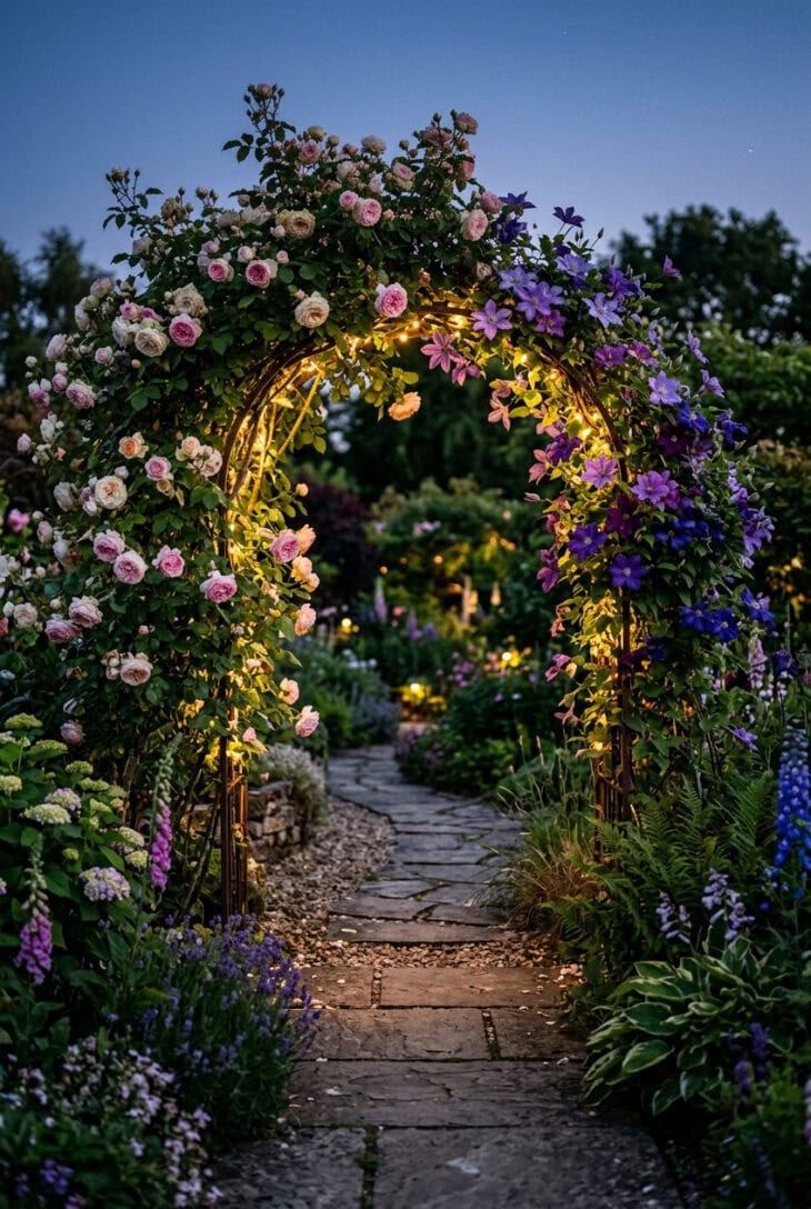 Climbing rose garden arch softly lit at dusk over a path