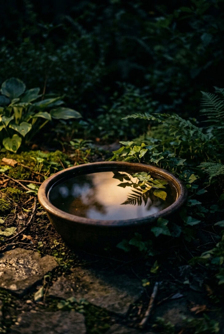 Simple round water bowl softly side-lit at night with warm reflections