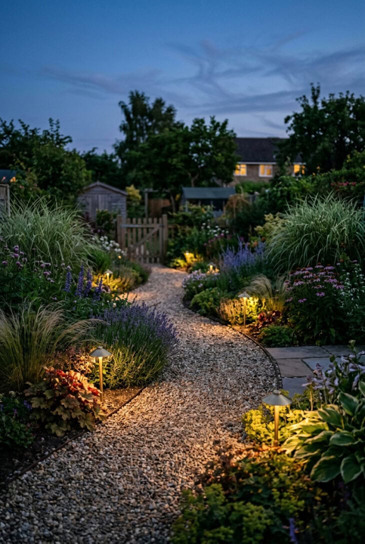 Low warm path lights along a curved gravel garden path at dusk
