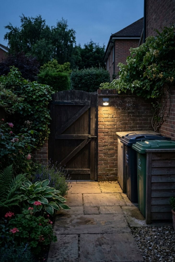 Discreet motion sensor light near a garden side gate and paved utility area