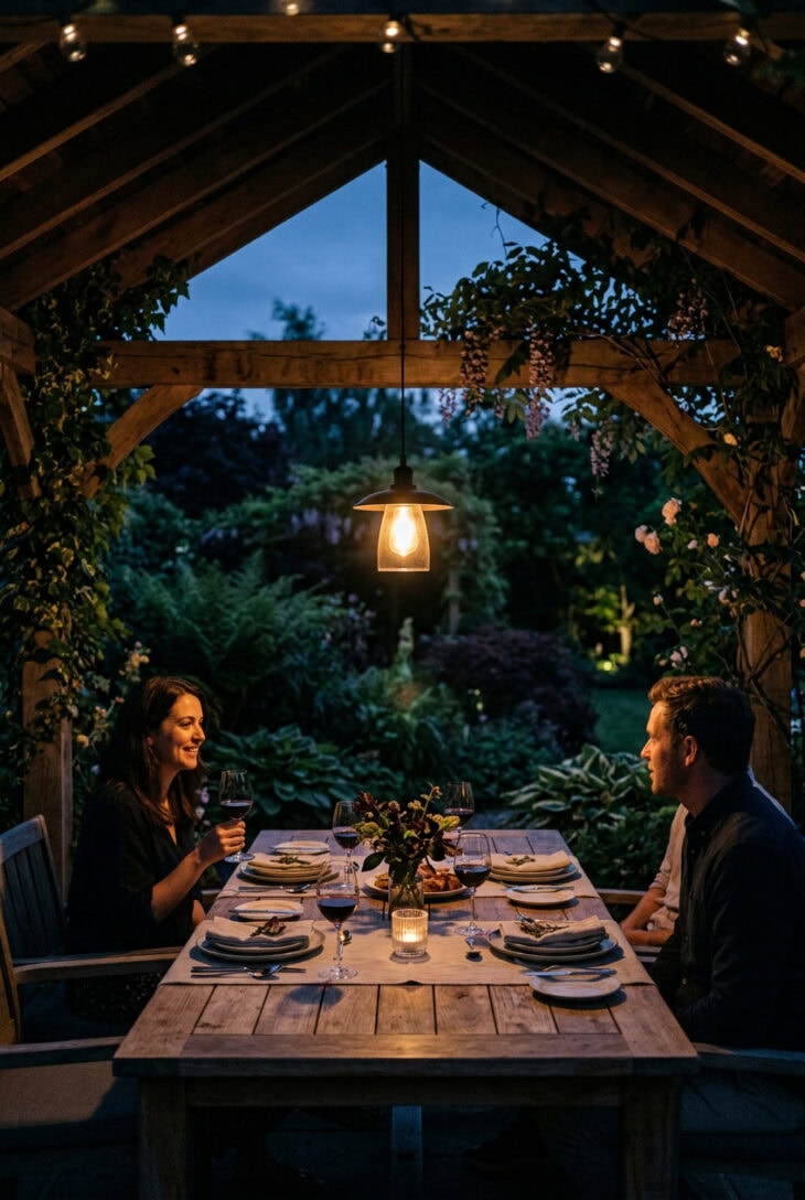 Warm pendant light hanging over an outdoor dining table under a pergola