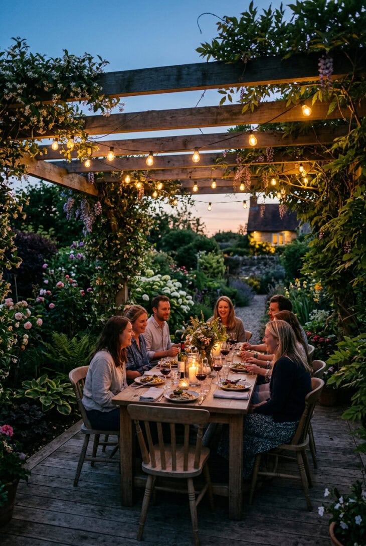 Warm string lights under a timber pergola above an outdoor dining table