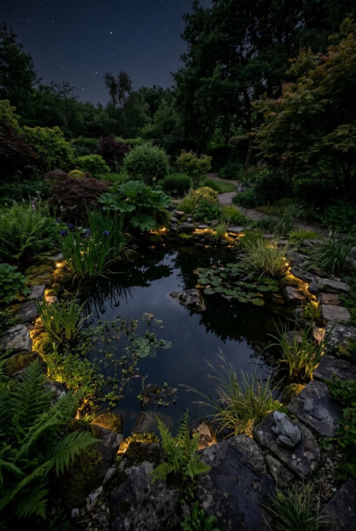 Subtle warm lights hidden around a small pond edge at night