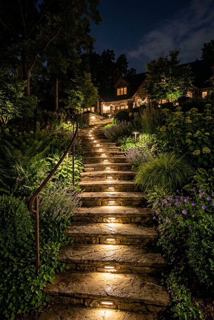 Garden steps with small recessed warm lights built into the risers