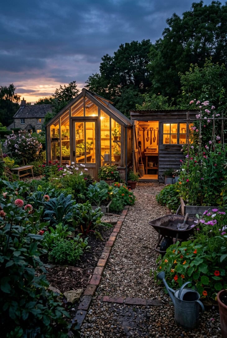 Greenhouse and shed glowing warmly from inside at dusk
