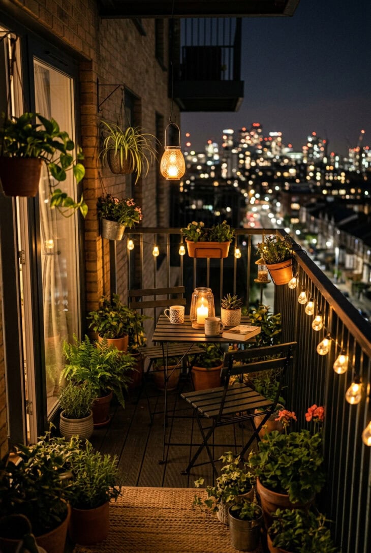 Small balcony garden with warm railing lights and lanterns at night