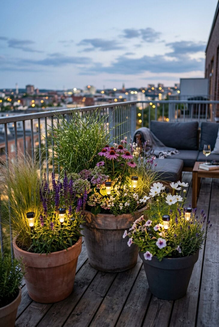 Solar stake lights tucked into patio containers with grasses and flowers
