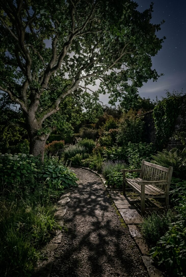 Moonlight-style downlighting from a tree casting dappled shadows on a path