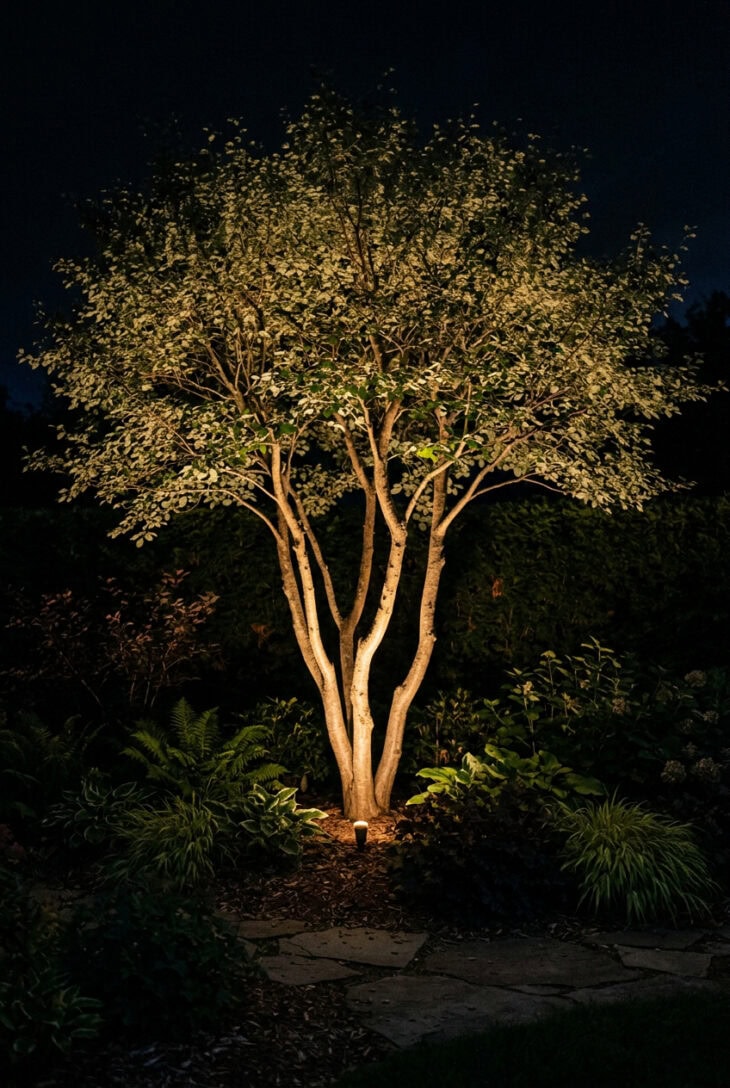 Small multi-stem tree softly uplighted from the base at night