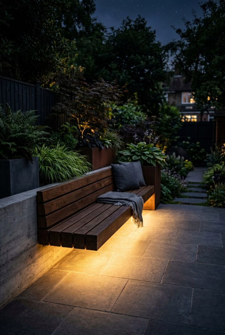 Hidden warm LED strip glowing under built-in timber garden bench seating