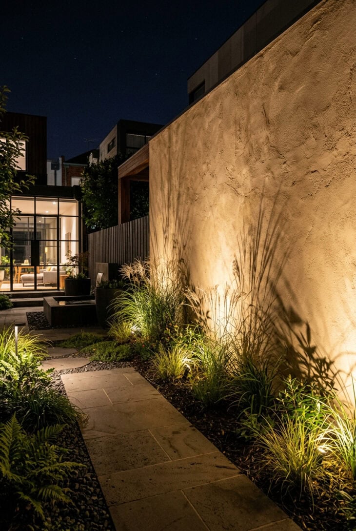 Warm wall wash lighting on a rendered garden wall with grass shadows