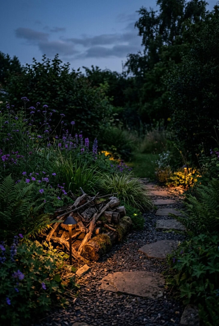 Low amber wildlife-friendly lights near native planting and a log pile