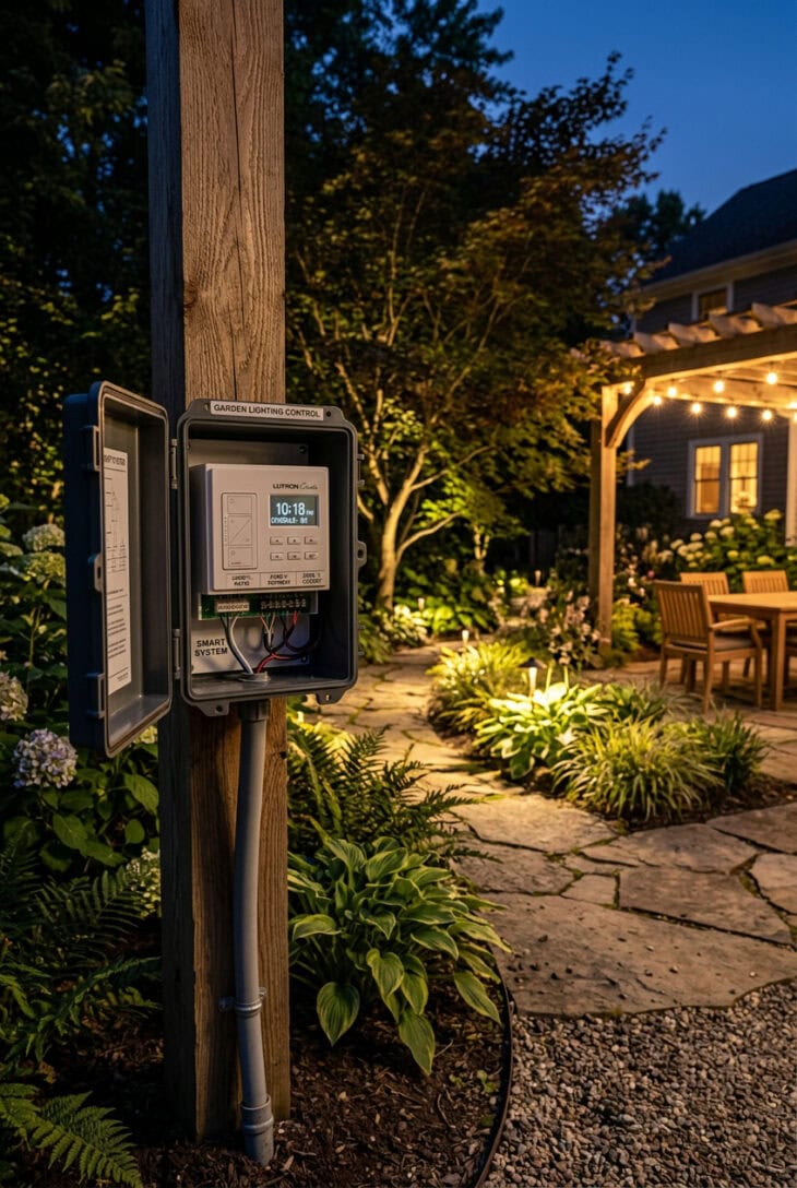 Outdoor lighting control box with softly lit garden zones in the background
