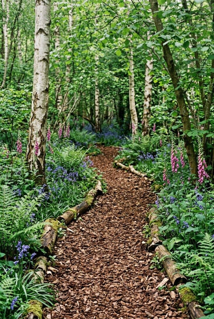 Bark chipping path winding between birch trunks with ferns and foxgloves crowding in