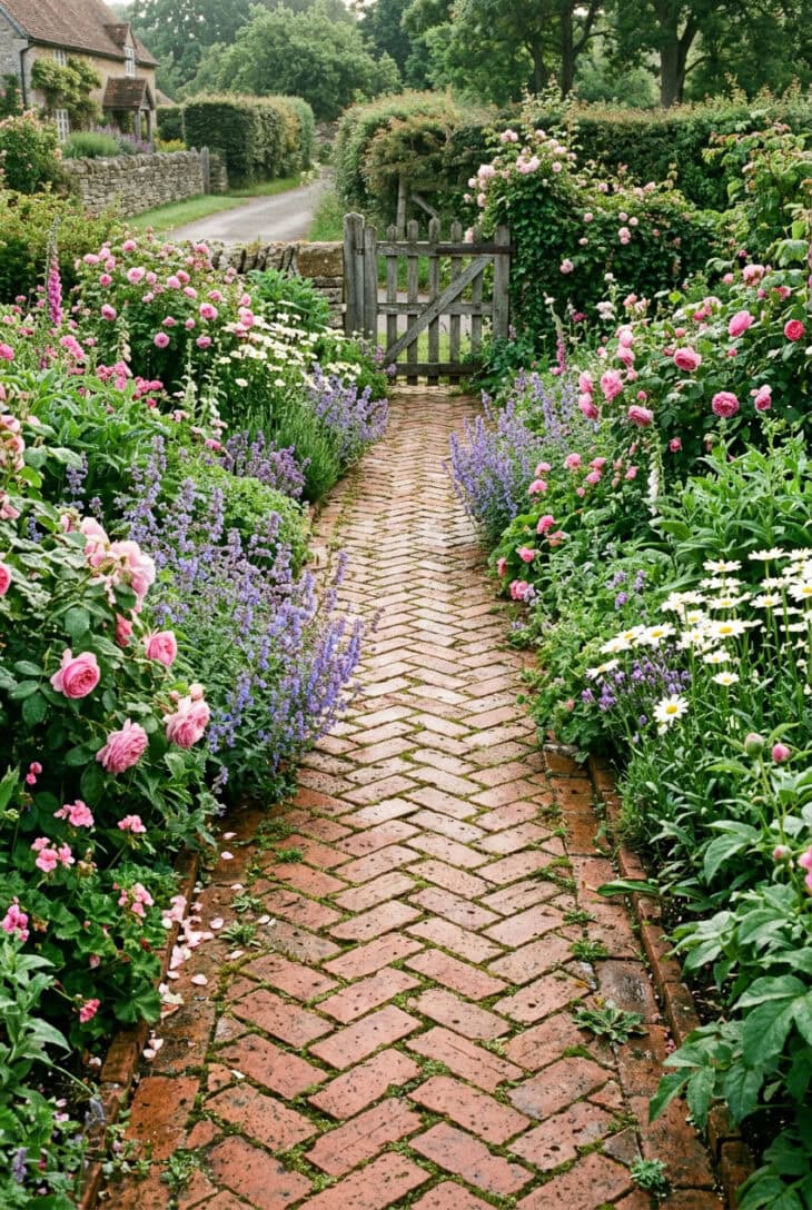 Warm red brick path laid in herringbone pattern running between rose and catmint borders