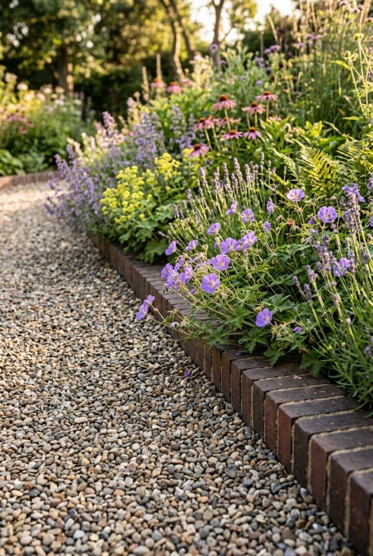 Row of bricks laid on end forming a crisp edge between a gravel path and a border
