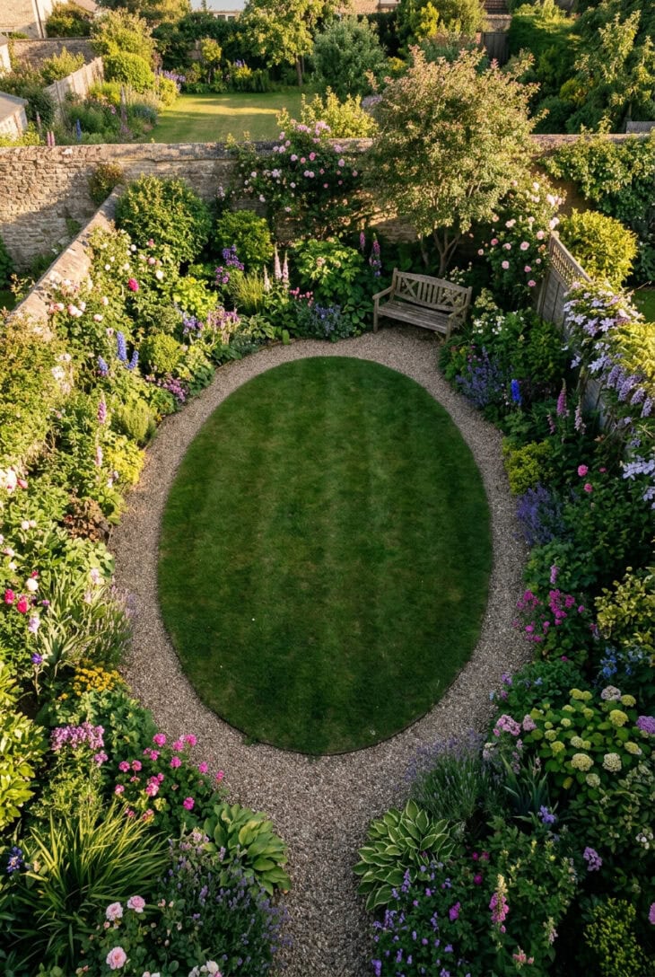 Narrow path looping around a central oval lawn with deep borders and a corner bench