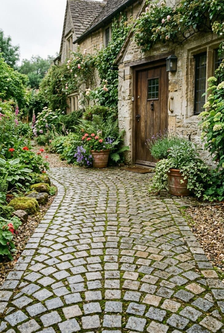 Grey granite setts laid in fan-shaped arcs leading to a cottage door with pots