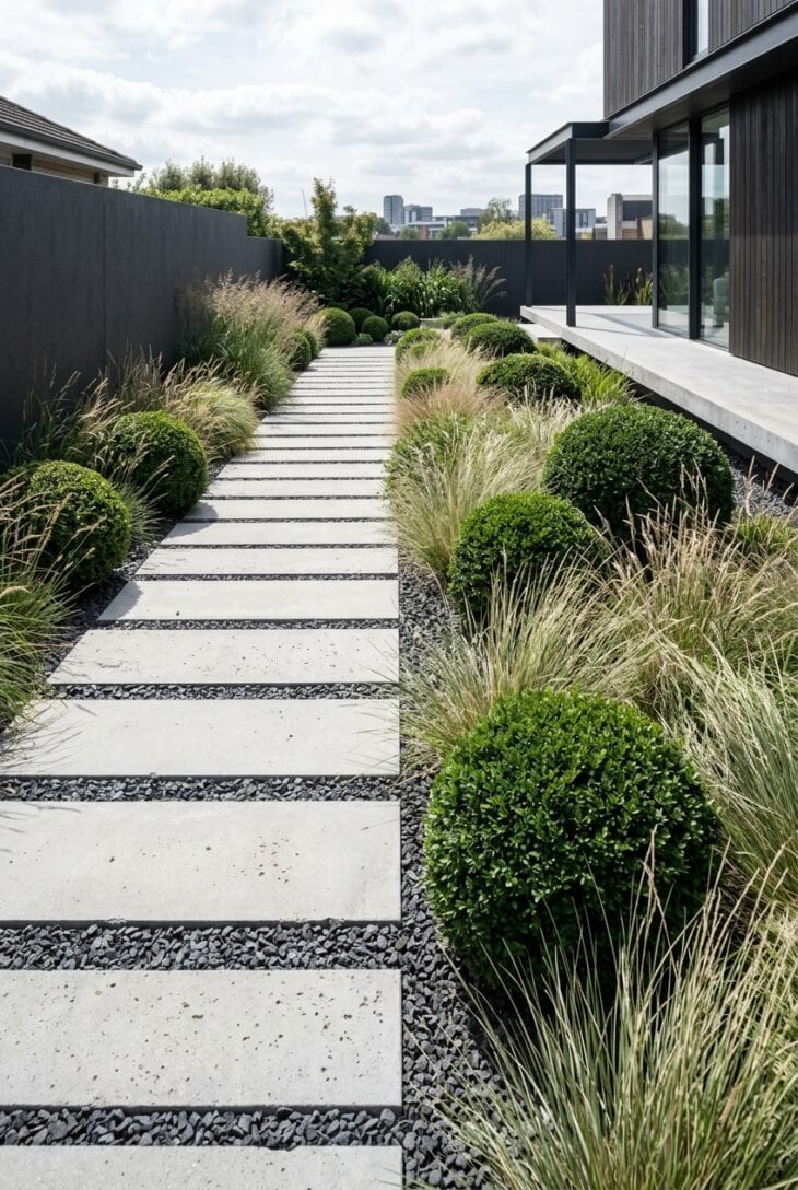 Long pale concrete plank slabs with dark gravel joints among grasses and clipped domes