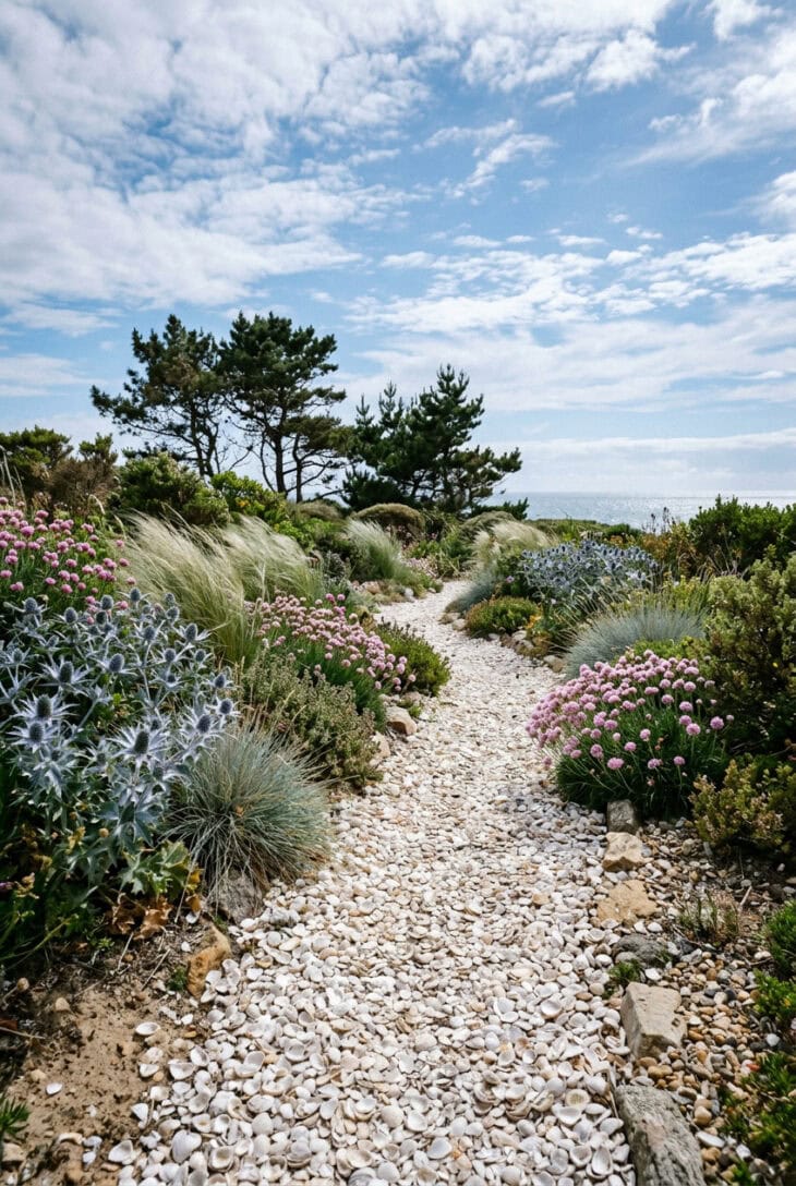 Bright crushed shell path winding between sea holly and silver-blue coastal grasses