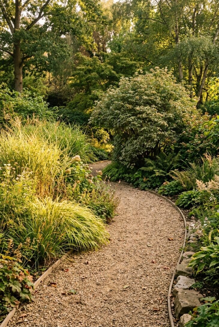 Gravel path curving out of sight behind a large shrub with tall grasses blocking the view
