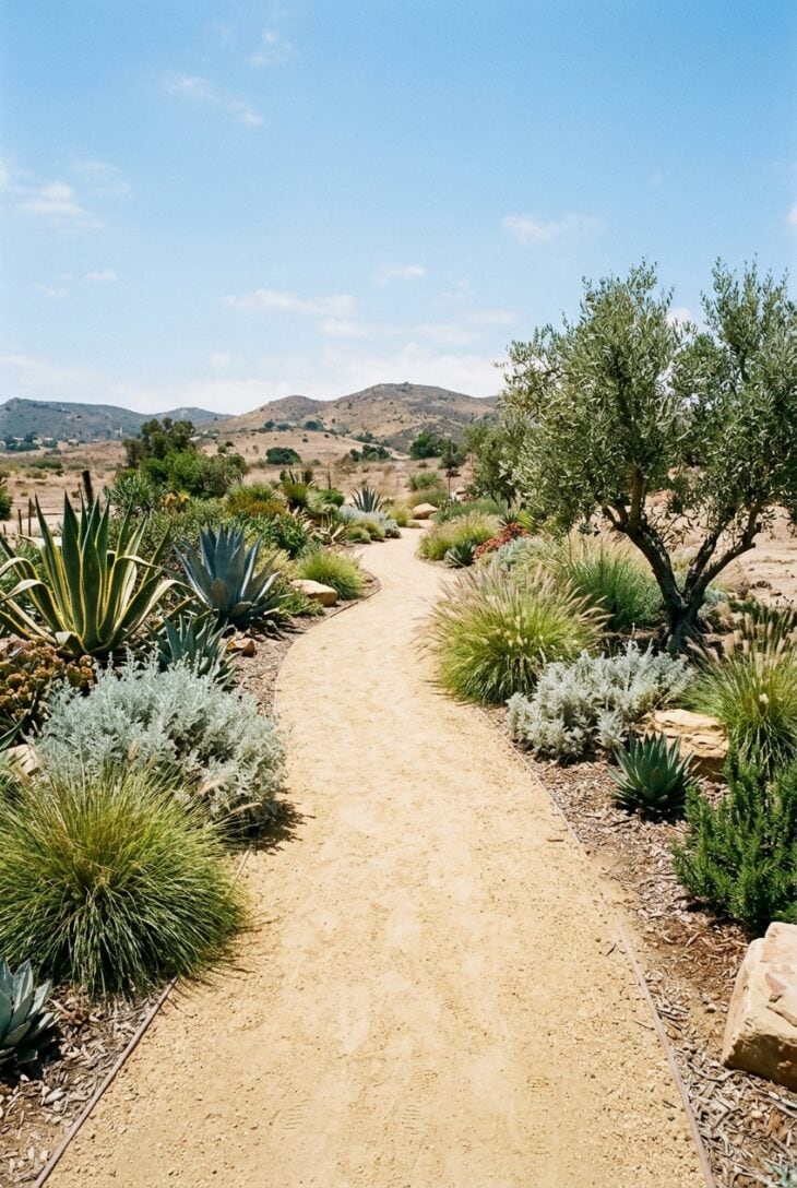 Wide compacted decomposed granite path in buff gold running between agaves and grasses