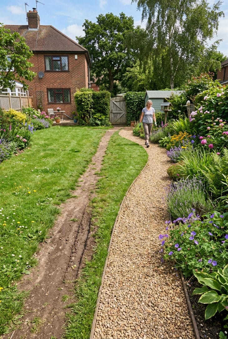 Worn diagonal shortcut across a lawn rebuilt as a curved gravel path with planting