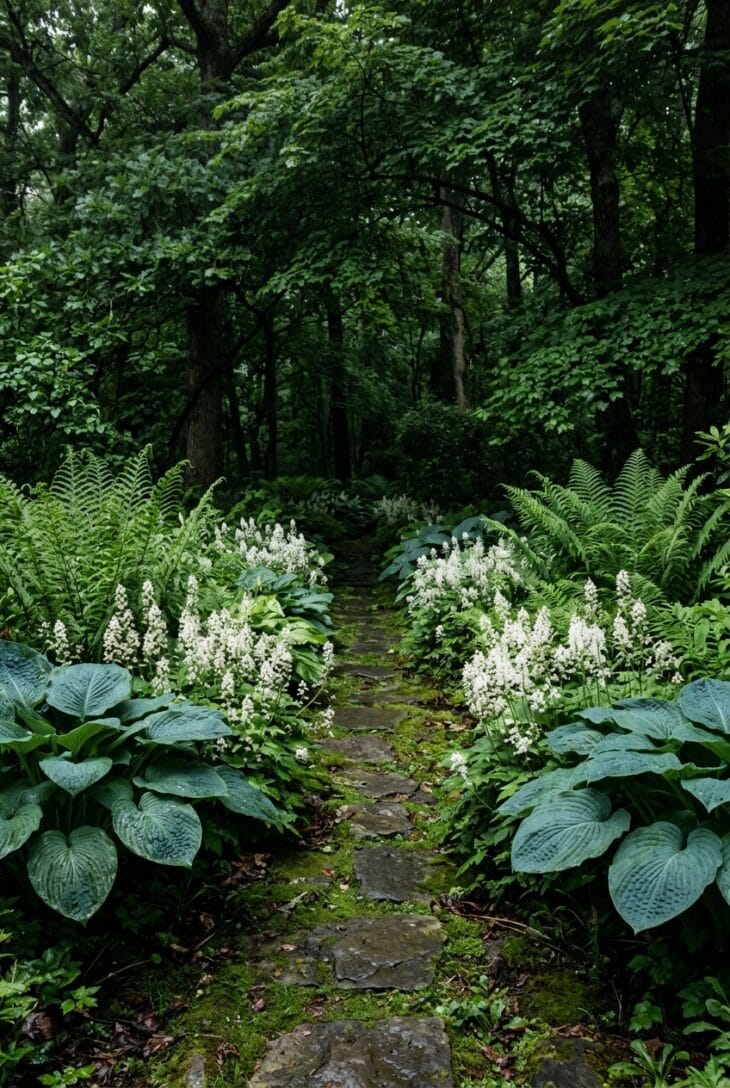 Narrow stone path through deep shade flanked by blue-green hostas and tall ferns