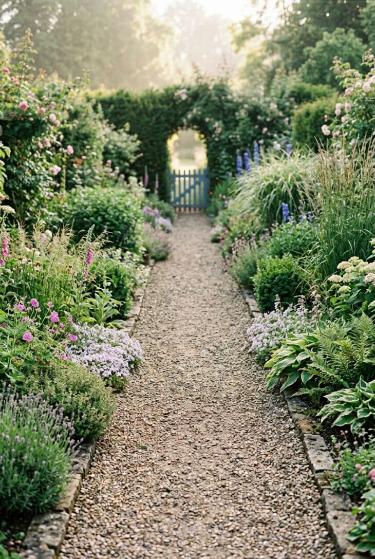 Straight path tapering from wide in the foreground to narrow at a small blue gate
