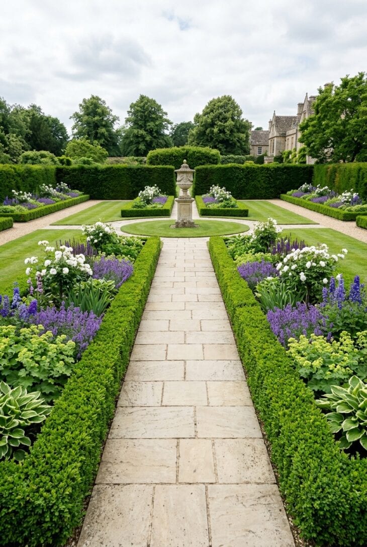 Straight stone path between low clipped box hedges leading to a stone urn on a plinth