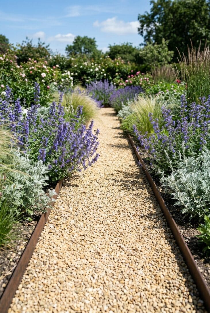 Pale pea gravel path held by thin rusted steel edging between catmint and silver planting