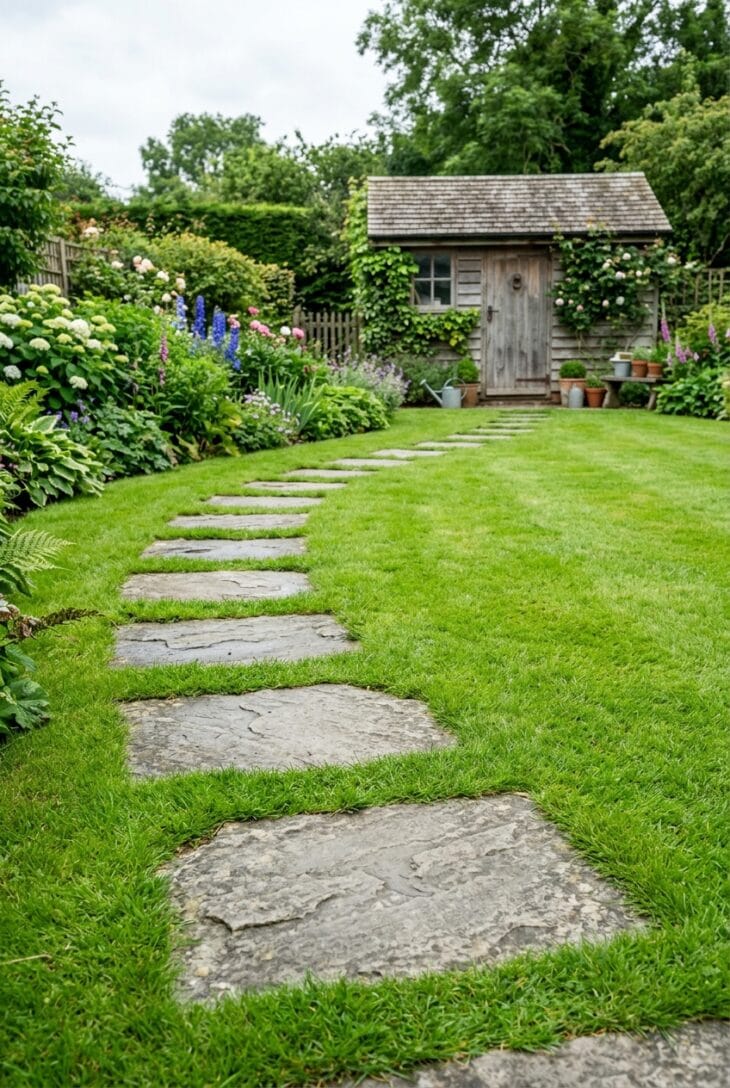 Irregular grey stone slabs set flush into a green lawn curving toward a garden shed