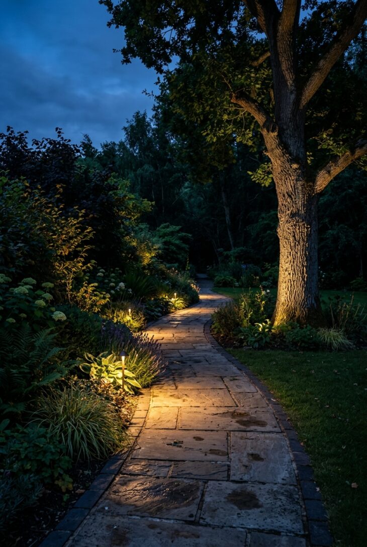 Garden path at dusk with low warm lights throwing pools of light across the paving