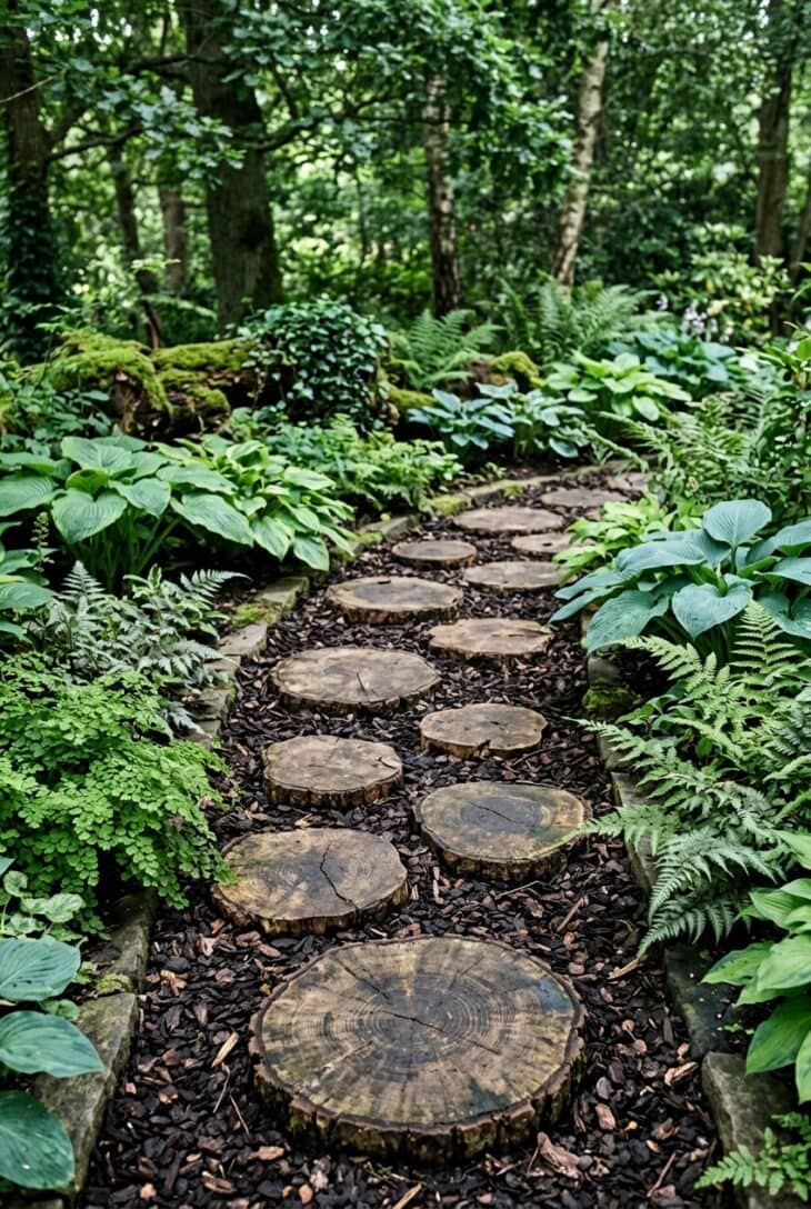 Round log slices showing growth rings sunk into bark chippings among ferns and hostas