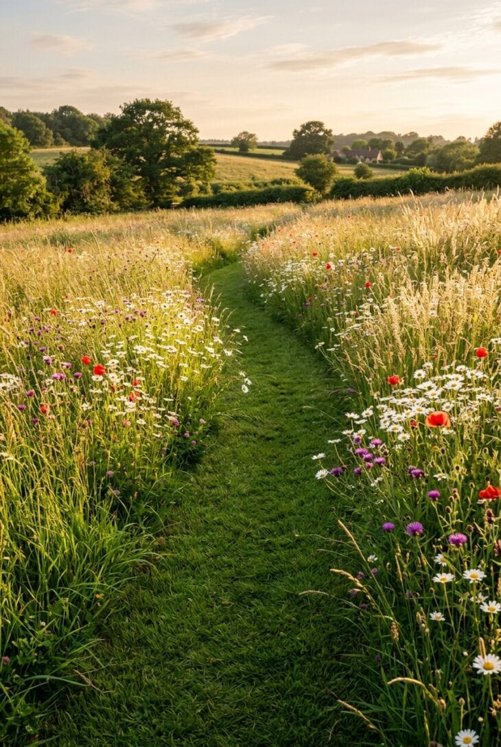 Mown green path curving through a waist-high meadow of ox-eye daisies and poppies
