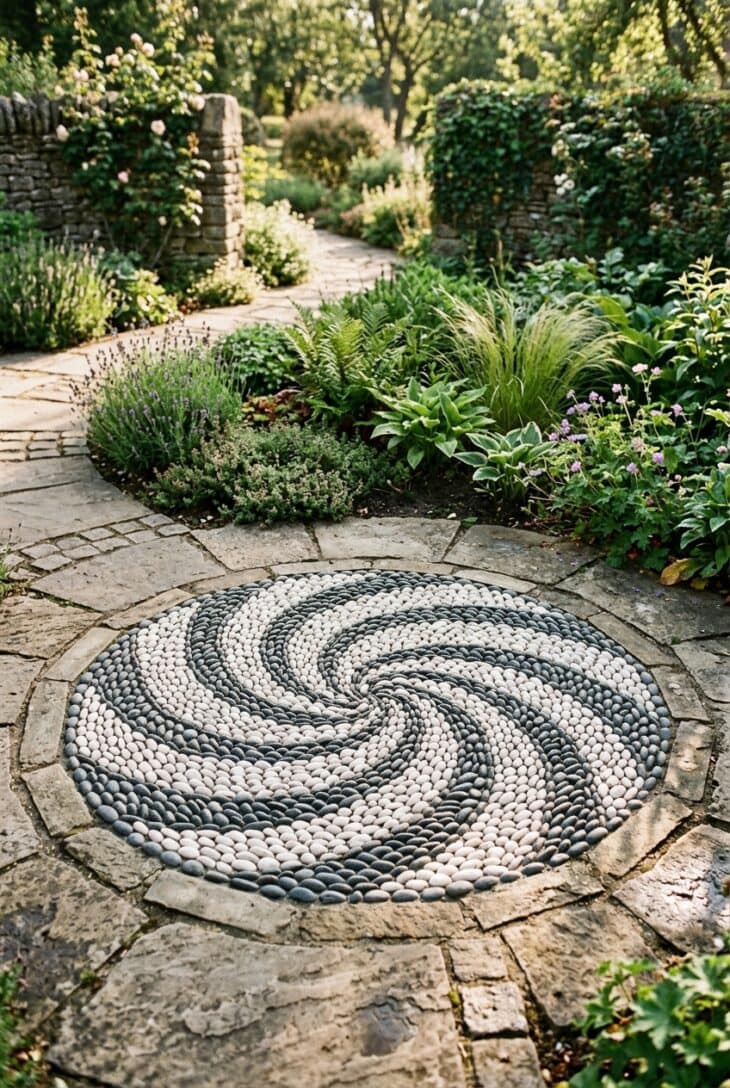 Circular pebble mosaic of dark and white stones set on edge in a spiral within a stone path