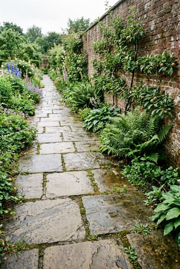 Worn riven flagstone path of irregular buff and grey slabs beside an old brick wall