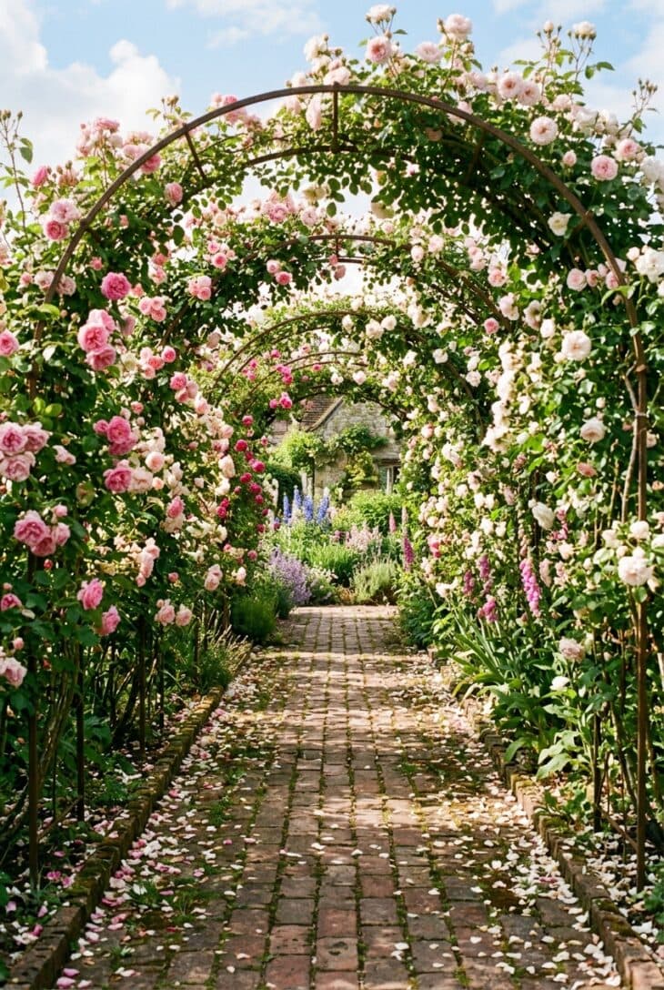 Metal arches over a brick path smothered in pink and white climbing roses forming a tunnel