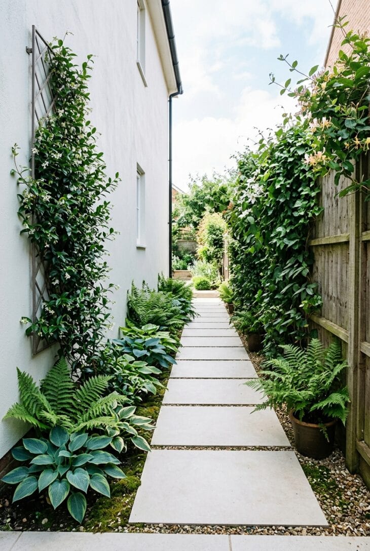 Narrow side passage with pale paver path, ferns along the wall and climbers on the fence