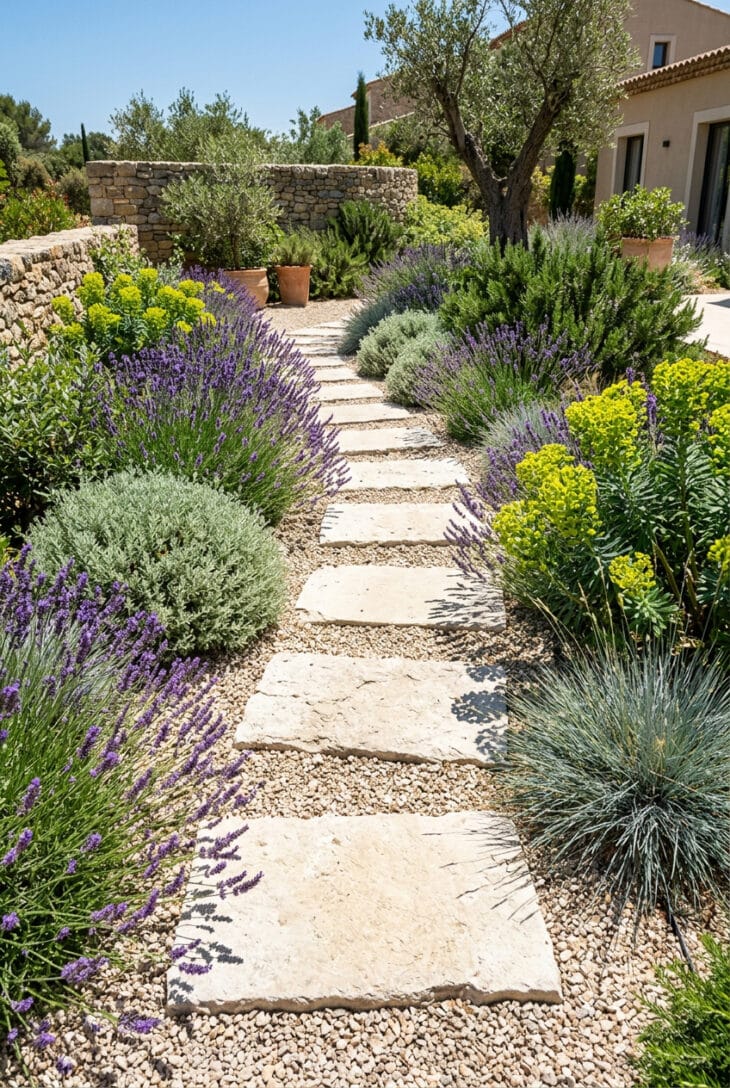 Large pale limestone slabs set into matching gravel among lavender and blue fescue