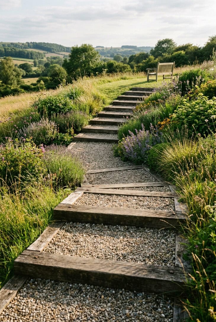 Wide shallow steps of timber sleepers and gravel climbing a grassy slope toward a bench